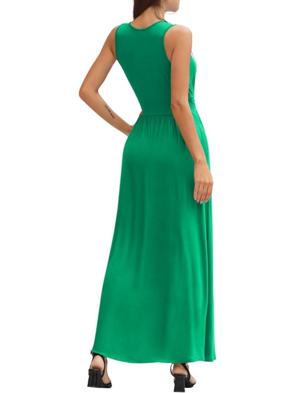 Lilbetter Women's Green Sleeveless Deep Neck Loose Plain Long Maxi Casual Dress - Picture 5 of 6
